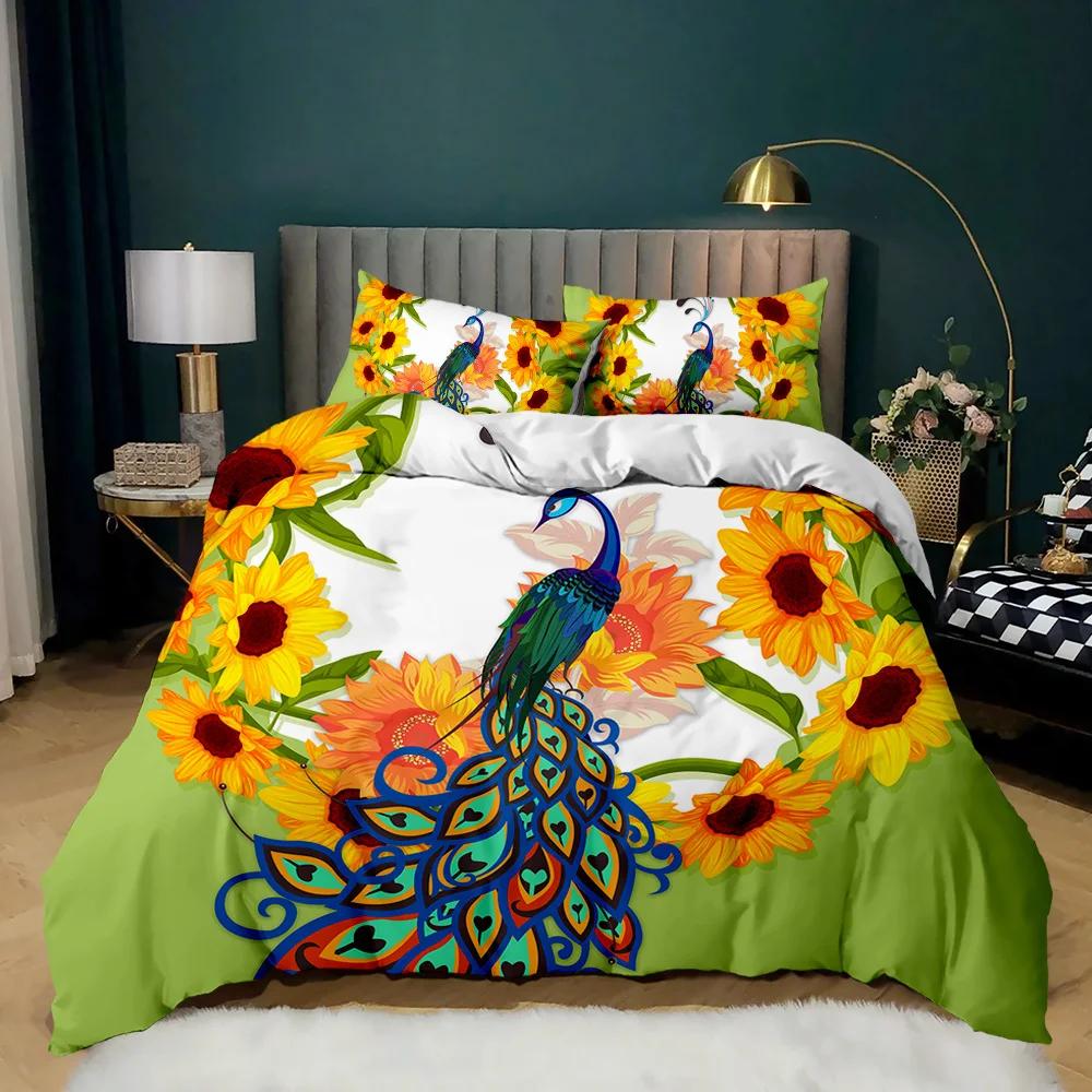 Påfugn Dynetrekksett Elegant Nydelig Blå Fjær Dynetrekk Jenter Kvinner Rosa Blomst Fugler Dyr Polyester Dyne Trekk