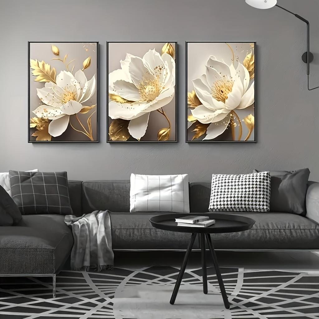 3pcs Elegant Golden Floral Canvas Art Prints - Frameless, 2D Wall Decor for Living Room or Kitchen, Luxurious White & Golden De