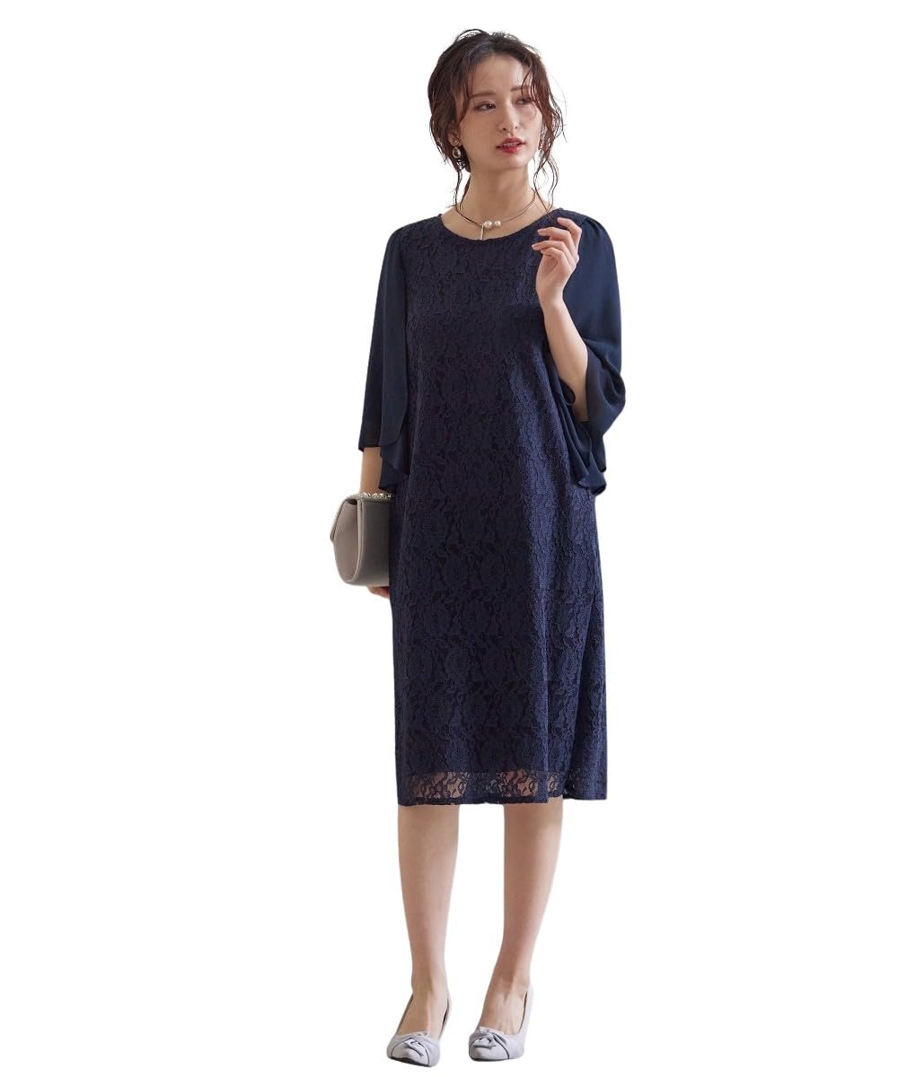 

Nissen Evening Dress Chiffon Flared Sleeve Lace Sack Dress Sizes Navy Medium [Wedding/Party Dress] (Plus Available)