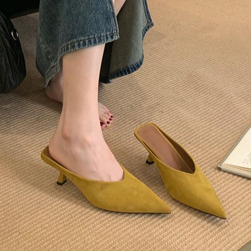 Fashion Women Suede Pointed Toe Mid Heels Slippers Fashion Heeled Shoes Summer Slingback Sandalas 2025 Pumps Designer Sandalias Mujer
