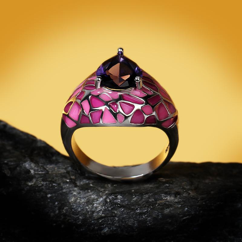 925 Ladies Jewelry Dark Blue Big Zircon Ring Pink Epoxy Irregular Creative Ladies Exquisite Jewelry Handmade Enamel ring