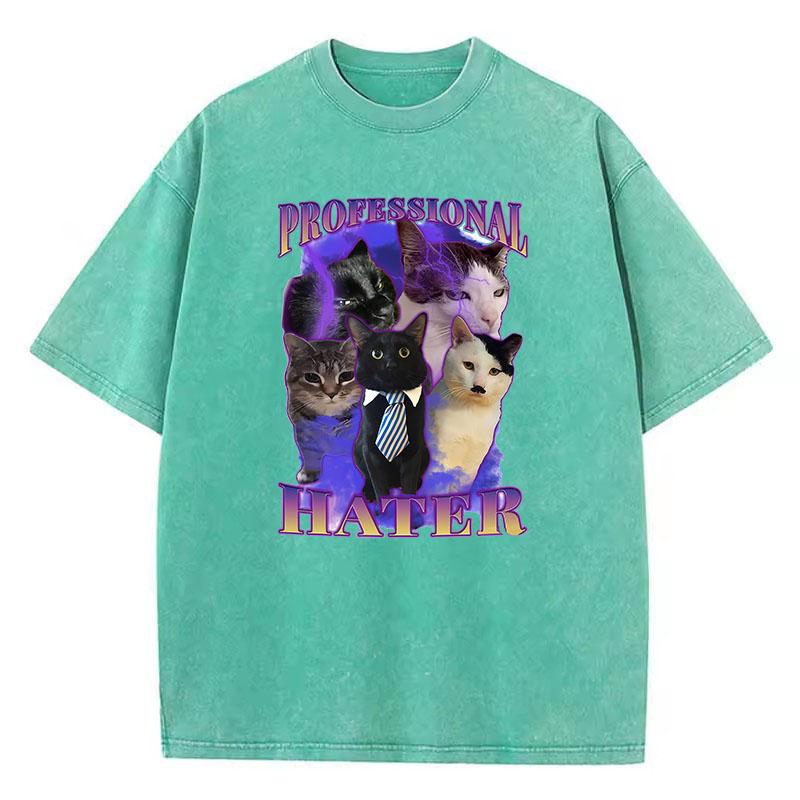 Retro T-Shirt Vintage Gewaschenes Baumwoll-T-Shirt Professioneller Hater Katze Grafik-T-Shirt Lässige Streetwear Frühling Sommer