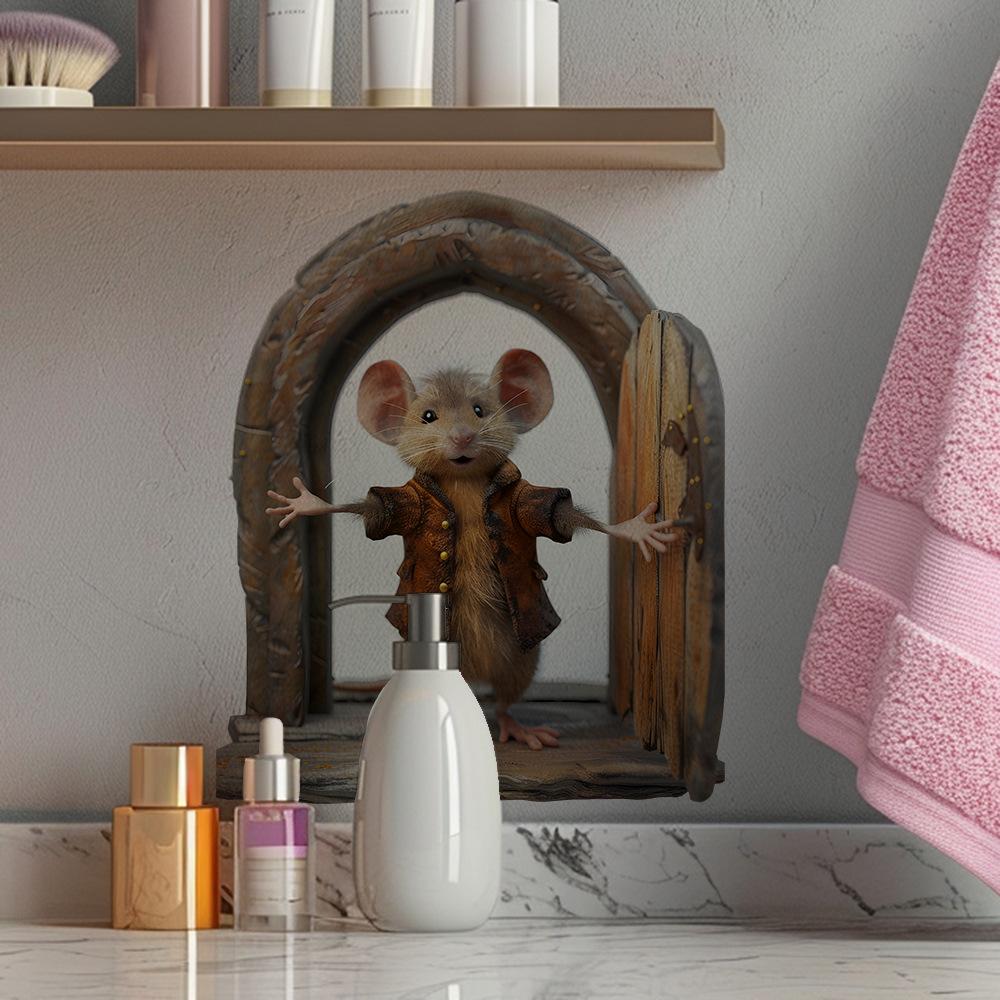3D Realistic Mouse Hole Wall Sticker Funny Cute Mouse Door Decal Self Adhesive Removable Decor