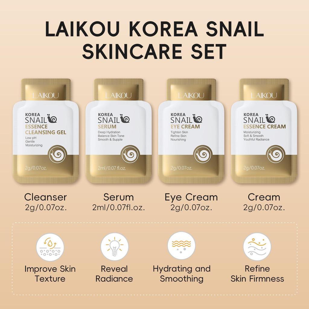 LAIKOU Snail Skincare 4-in-1 Set: Cleanser, Eye Cream, Serum & Moisturizer (2ml)