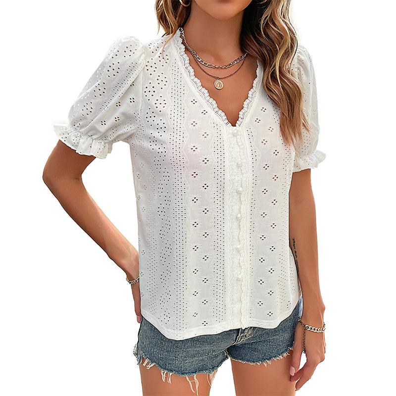 Camiseta de verano para mujer, camisas de manga corta informales holgadas huecas a la moda para vacaciones para mujer