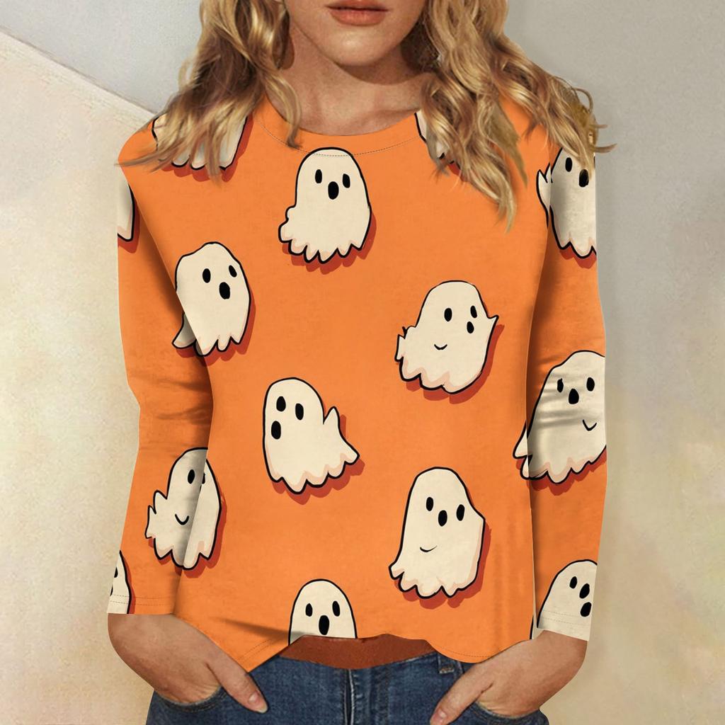 Women's long-sleeved loose-necked Halloween print casual top , suitable for holiday parties