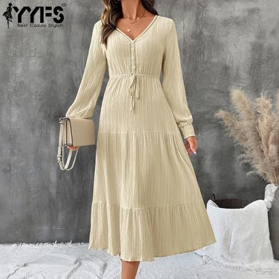 Women's Fashion Spring Fall Solid Color Print Long Sleeve V-Neck High Waist Casual Dresses