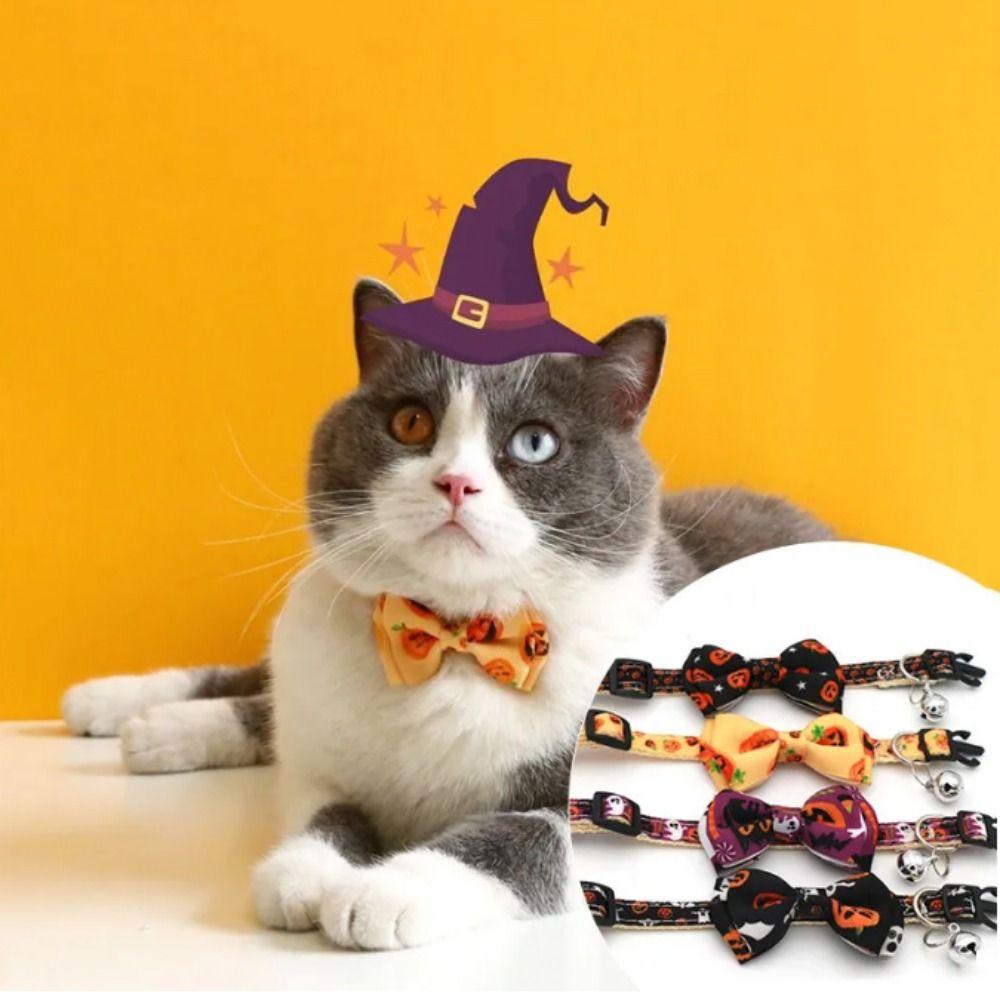 With Bell Kitten Pumpkin Necklace Adjustable Cat Pumpkin Bow Tie Halloween Cat Collar  Halloween