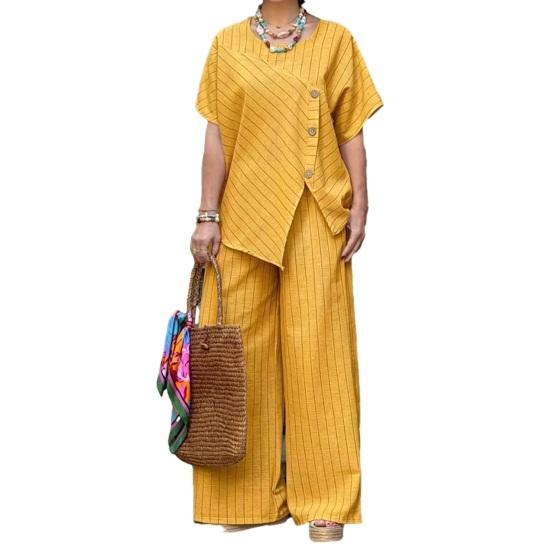 

Женские полосатые летние комплекты из 2 предметов с коротким рукавом: топ с круглым вырезом и длинные брюки, комплект для отдыха с карманами M жёлтый