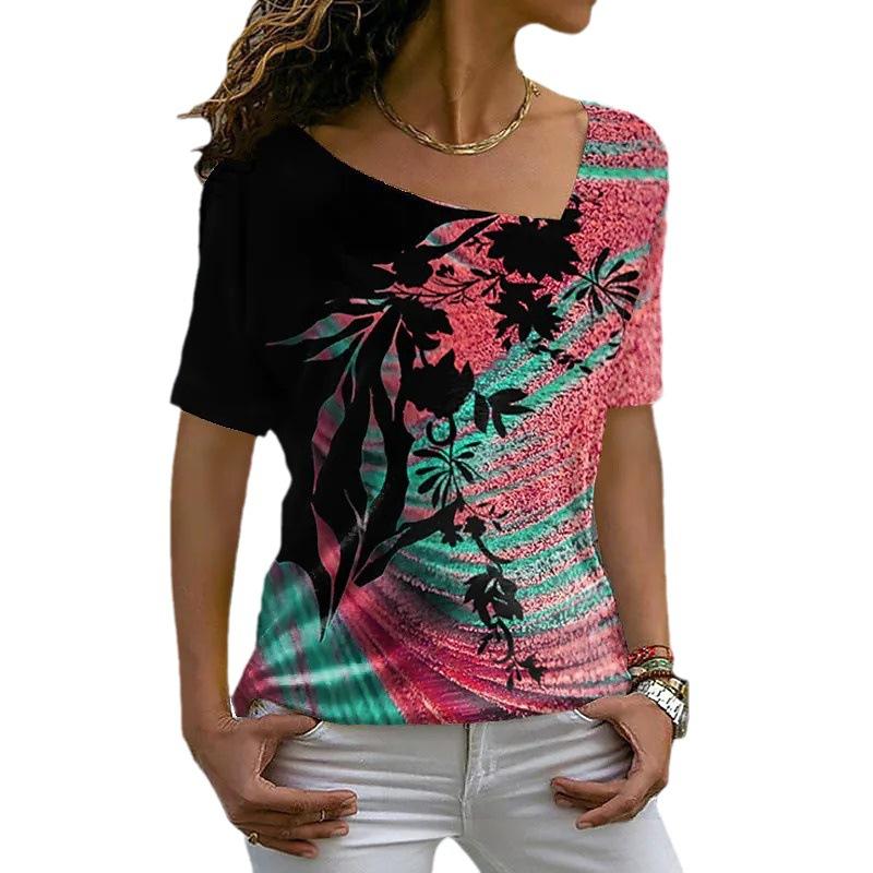 Fashion Women's T-shirt 3d Abstract V-neck Female Clothing Streetwear Short Sleeve Top Leaf Graphic T Shirt