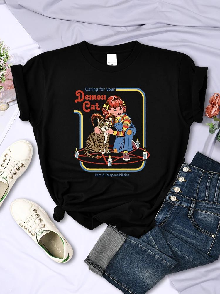 Caring For Your Demon Cat Womens Short Sleeve Personality Casual Tops Breathable Allmath TShirts Street Hip Hop Women Clothing