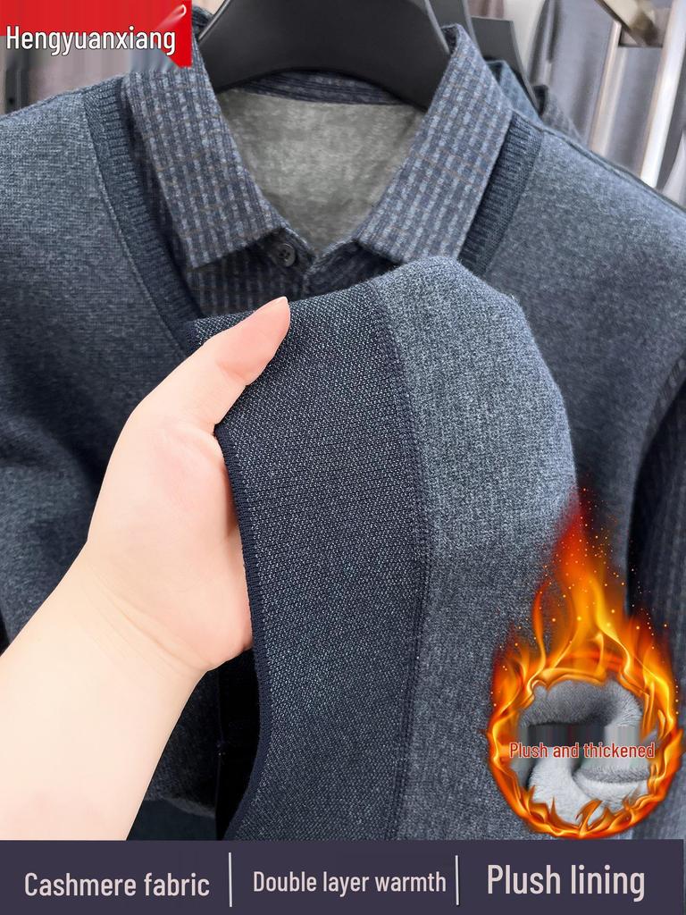 Hengyuanxiang Men's Pure Cashmere Two-Piece Look Thickened Winter Sweater