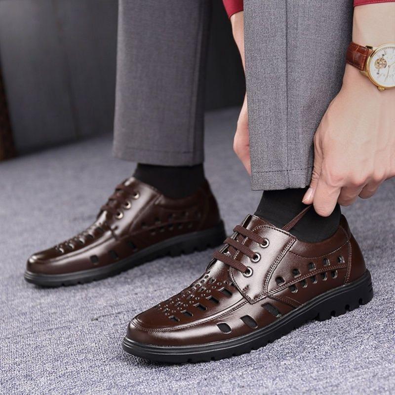 Leather cowhide summer sandals men's leather casual cool leather shoes breathable hollow lace-up leather shoes