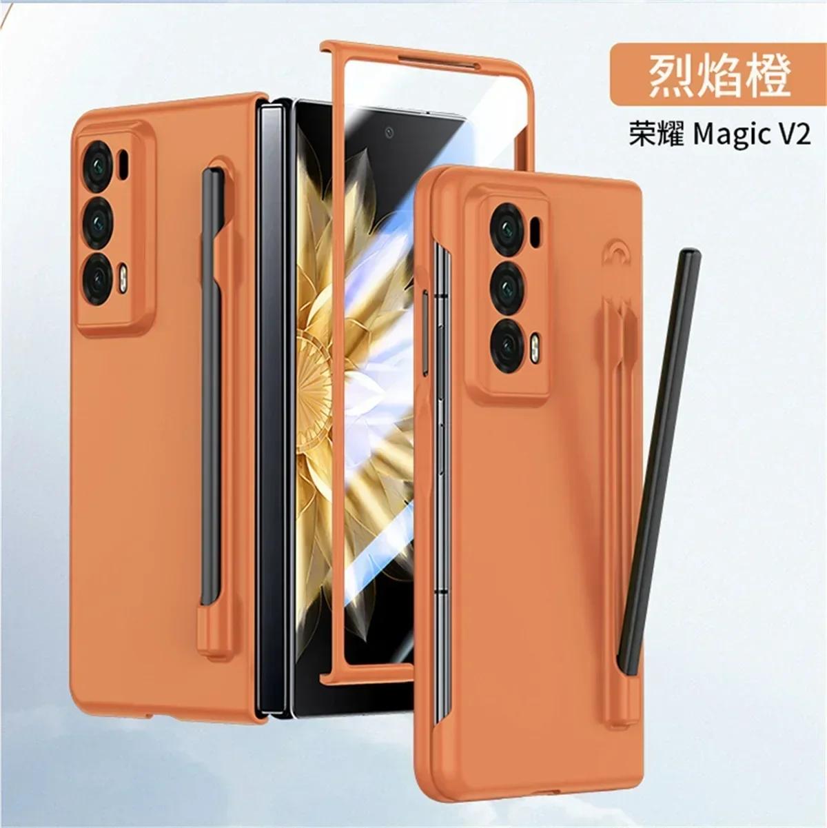 

Матовый бронированный чехол для телефона Honor Magic V3 V2 VS2 PC Hard Shell Защита от ударов с закаленной защитной пленкой с держателем для ручки Складной чехол For Honor Magic V3 оранжевый