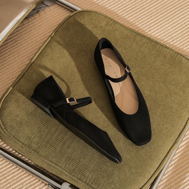 22303 flat shoes women's thick heel 2025 new square head one-word buckle with low heel leopard print light mouth splicing single shoe