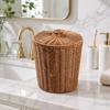 Cylindrical Plastic Storage Basket with Woven Lid Multipurpose for Dressing Area