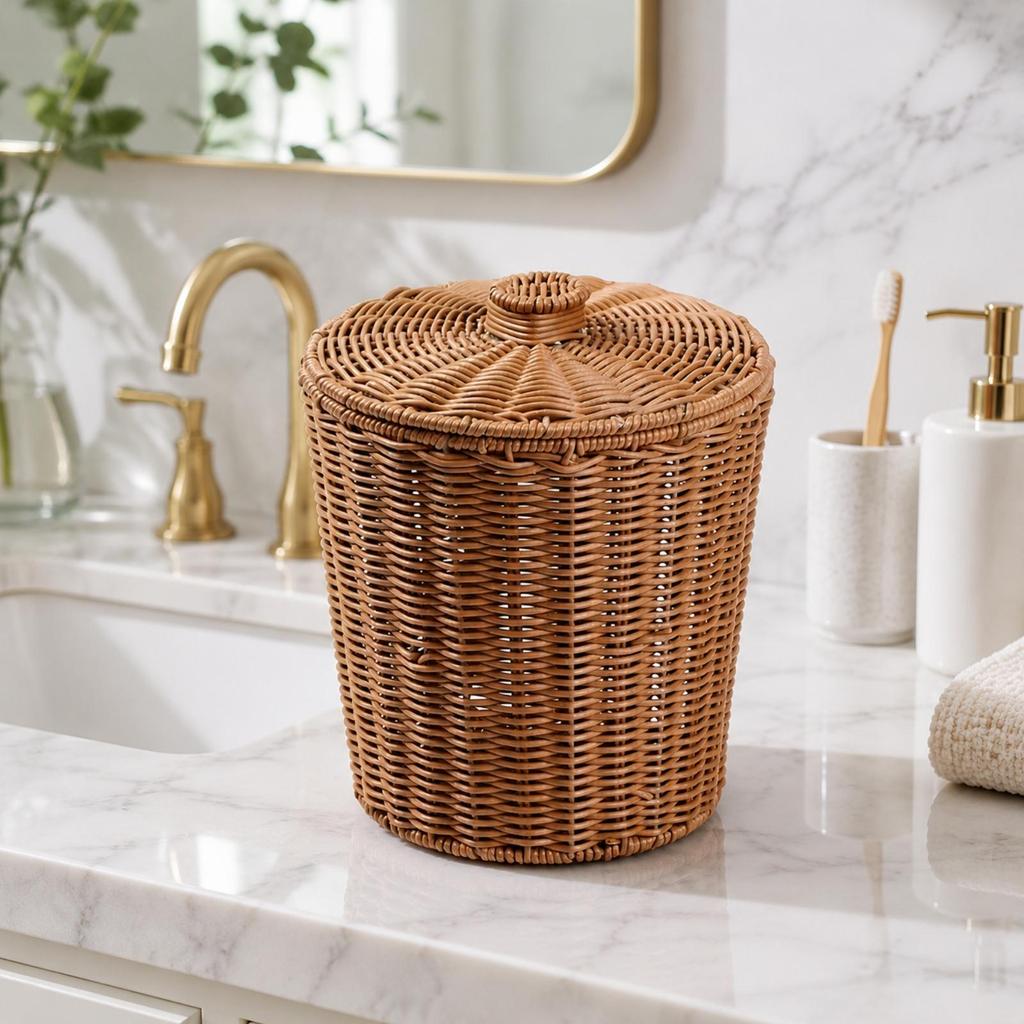 Cylindrical Plastic Storage Basket with Woven Lid Multipurpose for Dressing Area