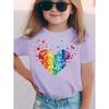2026 Rainbow-colored Heart Round Neck Cotton T-shirt ChildrenFashion Sequined Heart-patterned Trendy Item for Girls Kid Clothing
