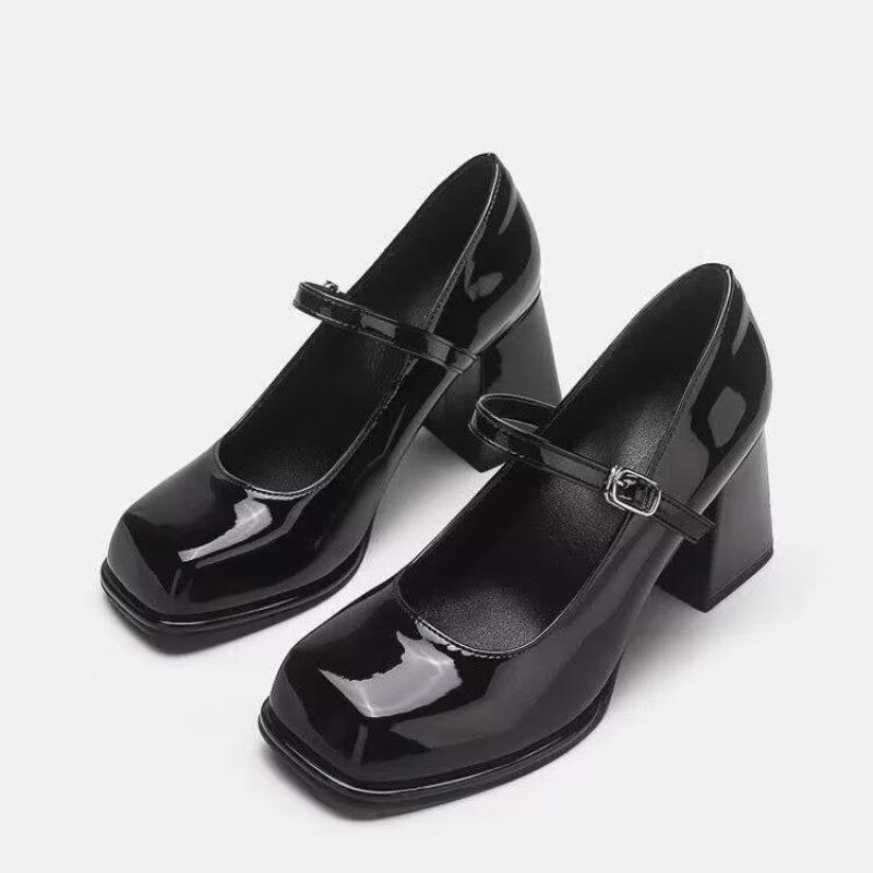 Mary Janes Vintage Black Sandals Woman Buckle Non-Slip Casual Medium Heels Office Ladies Solid Elegant Heels Korean Pumps