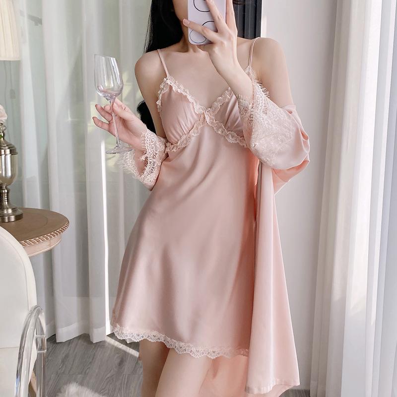 Women's Spaghetti Strap Ice Silk Pajamas with Lace Trim - Spring/Summer Nightgown & Robe Set