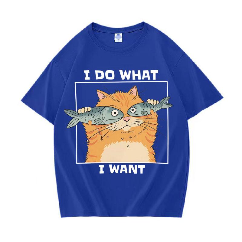 Funny Cat Holding Fish I Do What I Want Print Women Cotton Teenagers Short Sleeve Tee Shirt Summer Daily Street Casual Loose Tee