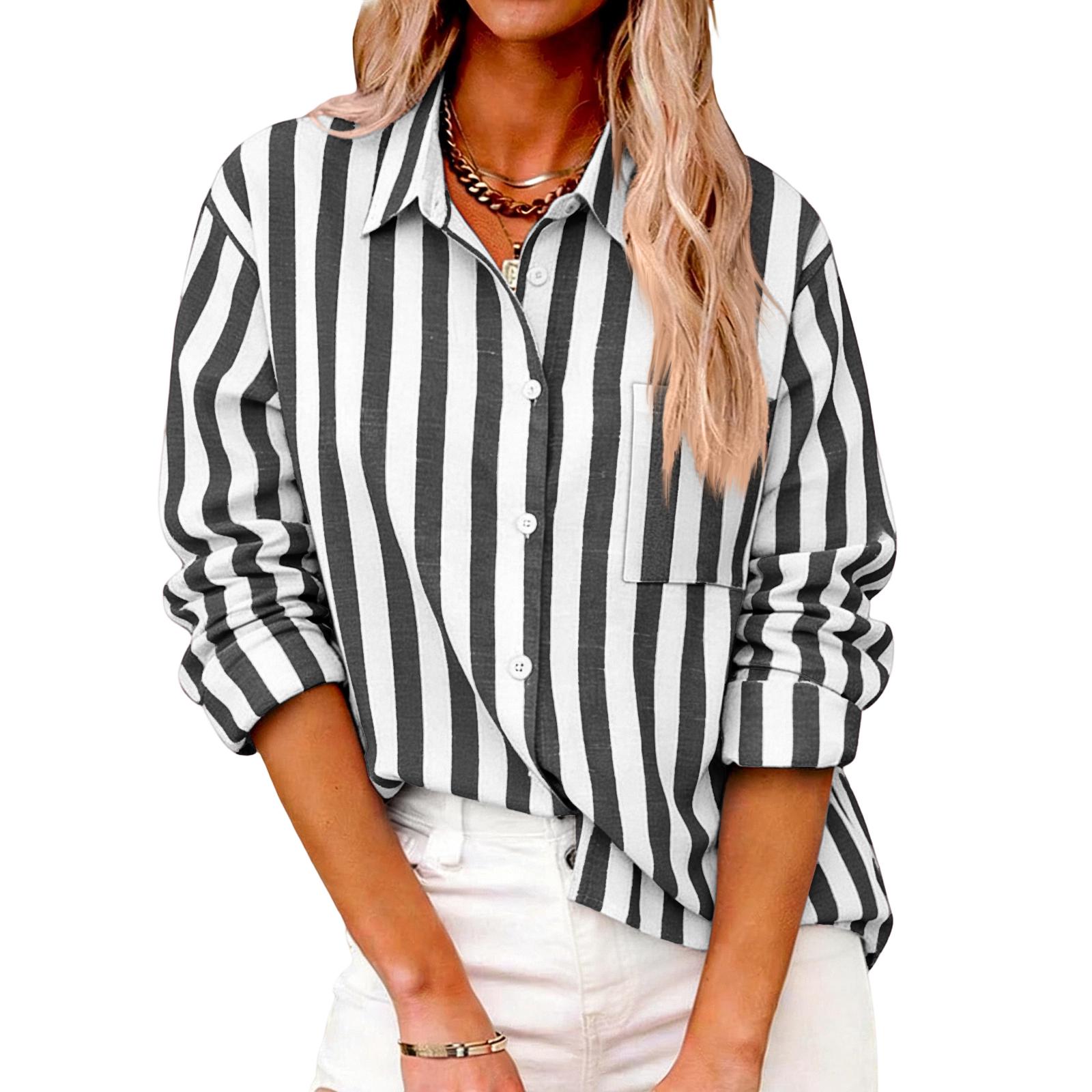 Women s Striped Casual Fashion Shirt Button Long Sleeved Top M чёрный