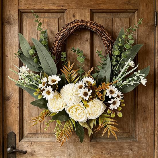 16 Inch Artificial Rattan Wreath with Flowers Lifelike Faux Hydrangea Wreath for Spring Summer Indoor Outdoor Home Wall Porch Farmhouse Decor
