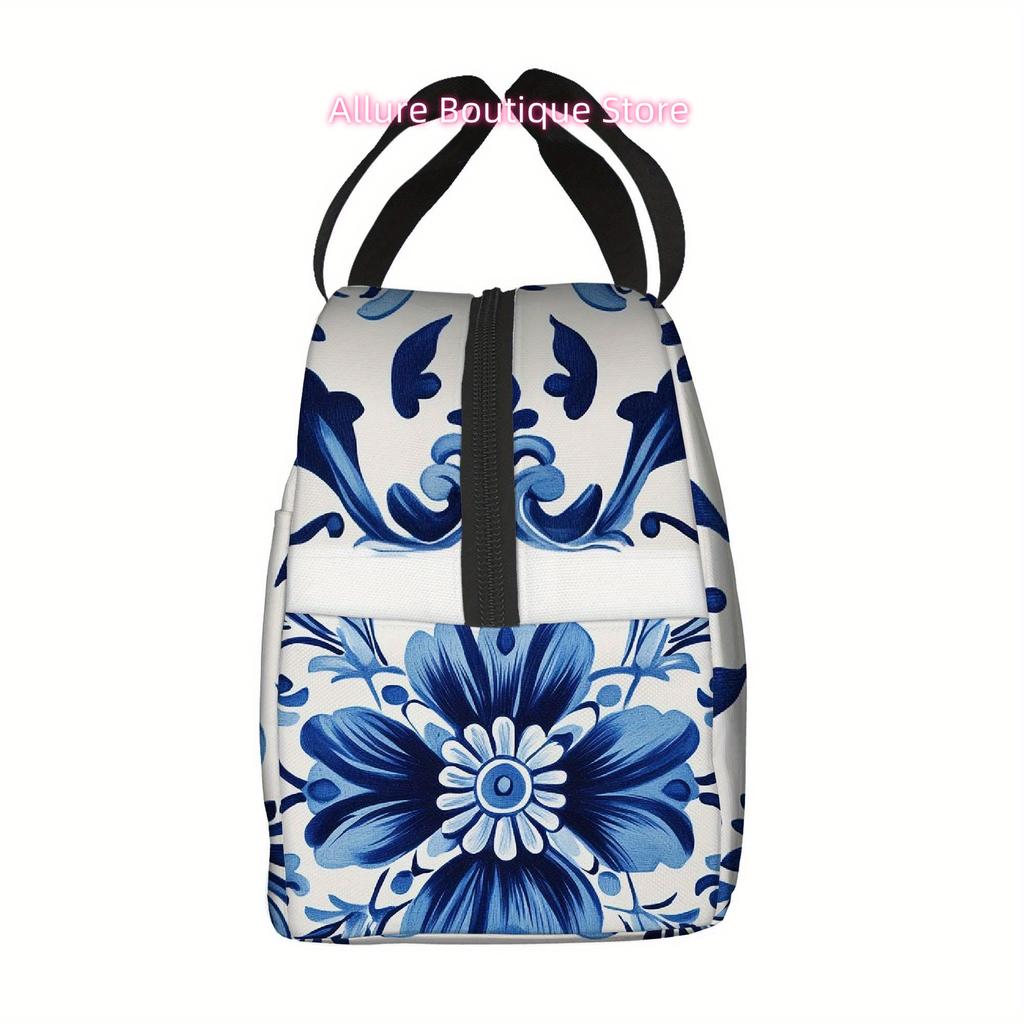 1pc Blue Floral Insulated Lunch Bag with Black Handles – Stylish White & Blue Floral Design, Durable Polyester, Perfect for Home