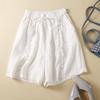 Women's Summer 2024 Retro Cotton Linen Ruffle Wide-Leg Shorts - Casual, Loose Mid-Length.