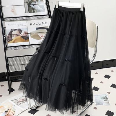 Elegante Zwarte Strik Tule Rokken Vrouwen Casual Hoge Taille Kawaii Rok Koreaanse Midi Geplooide Rokken Lente Zomer