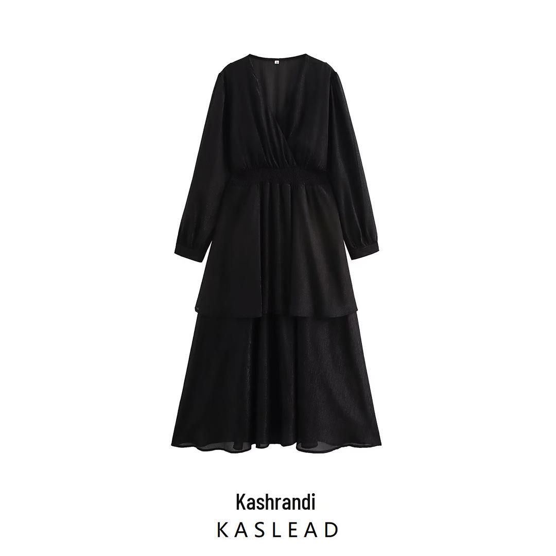 

2025 Spring Women s Casual Chiffon V-Neck Long Dress with Gold & Silver Thread L чорний