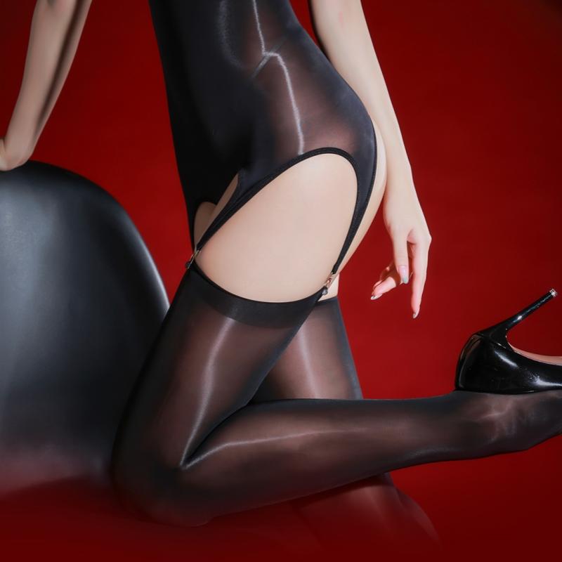 5D Oil Shiny Sleeveless Full Body Stockings Female Erotic Cosplay Costumes Garter Suspender Belt With Thigh High Stockings Set