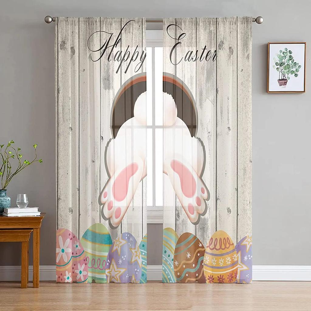 Easter Bunny Tail Wood Curtain Colorful Eggs Happy Transparent Voile Curtains Living Dining Room Bedroom Drapes Light Filtering For Sleeping Area