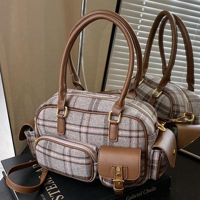New Product Popular Fashion Literary Sense Plaid Underarm Boston Bag Women's Korean Version Niche Versatile Commuter Messenger Bag