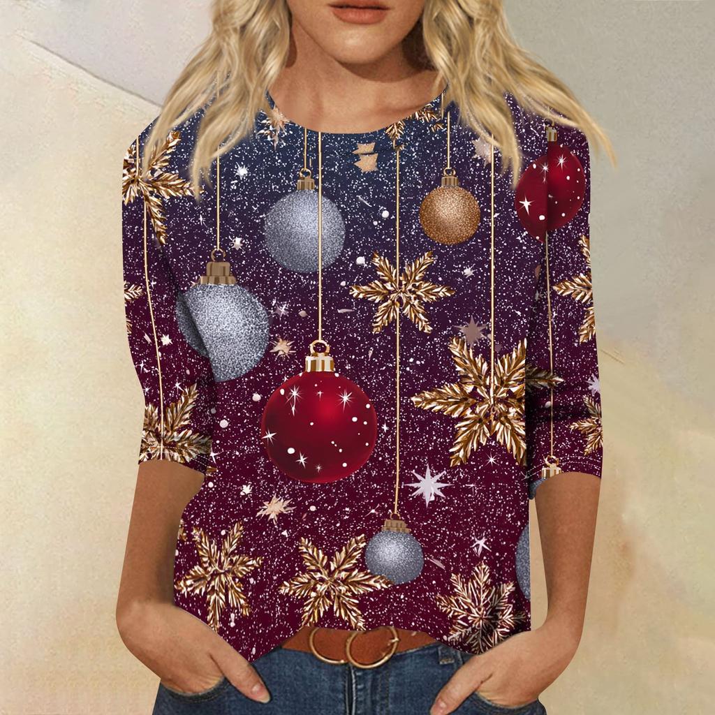 Women's Casual Christmas Print Three-Quarter Sleeve Round Neck Loose Fit Shirt