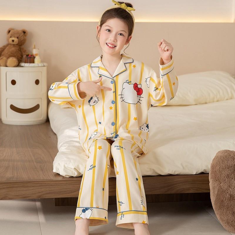 Girls Cotton Pajama Set With Collar Long Sleeve Cartoon Print Fall Kids Sleepwear Comfortable Home Outfit