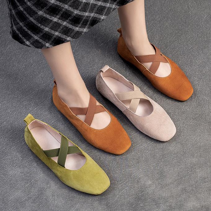 Johnature Cross Strap Square Toe Solid Color Flat Casual Comfortable Soft Sole Women's Slip-on Shoes