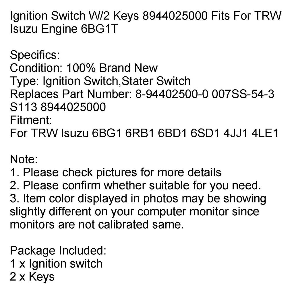 Ignition Switch Key 8944025000 For Lsuzu Diesel Engine Agricultural Machinery