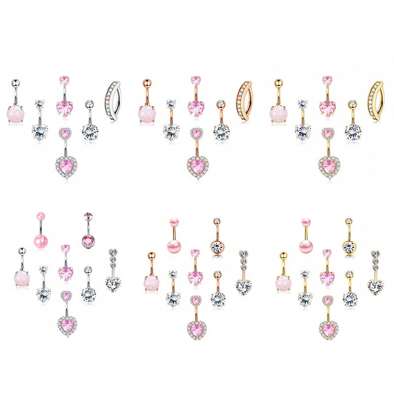 6/8Pcs Sexy Belly Button Rings Set Heart Zircon Navel Piercing Rings For Women Girls Body Piercing Jewelry Accessories Gifts