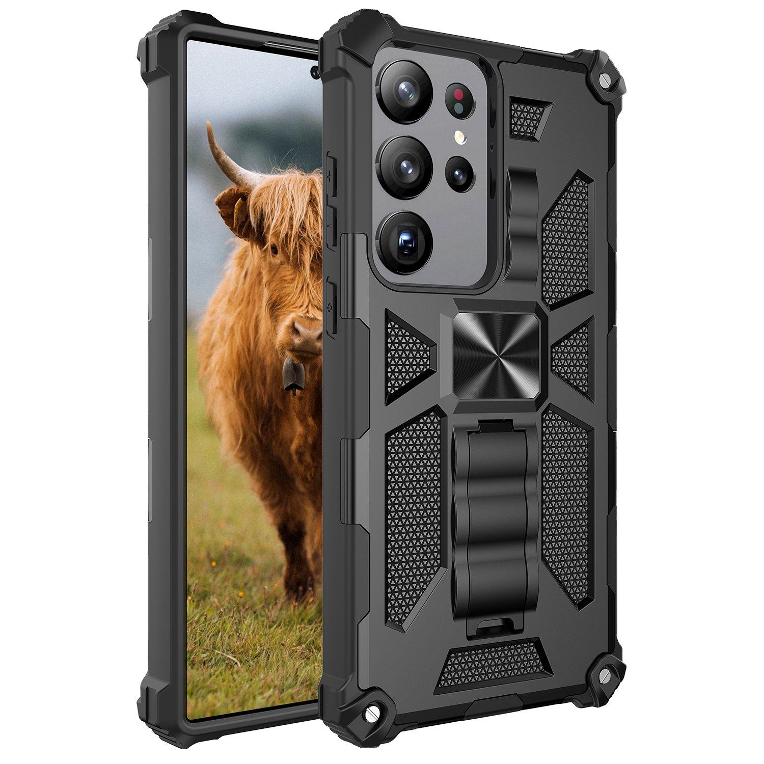 

For Samsung Galaxy S23 Ultra Hidden Kickstand Phone Case Soft TPU+Hard PC Anti-drop Cover with Car Mount Metal Sheet Black