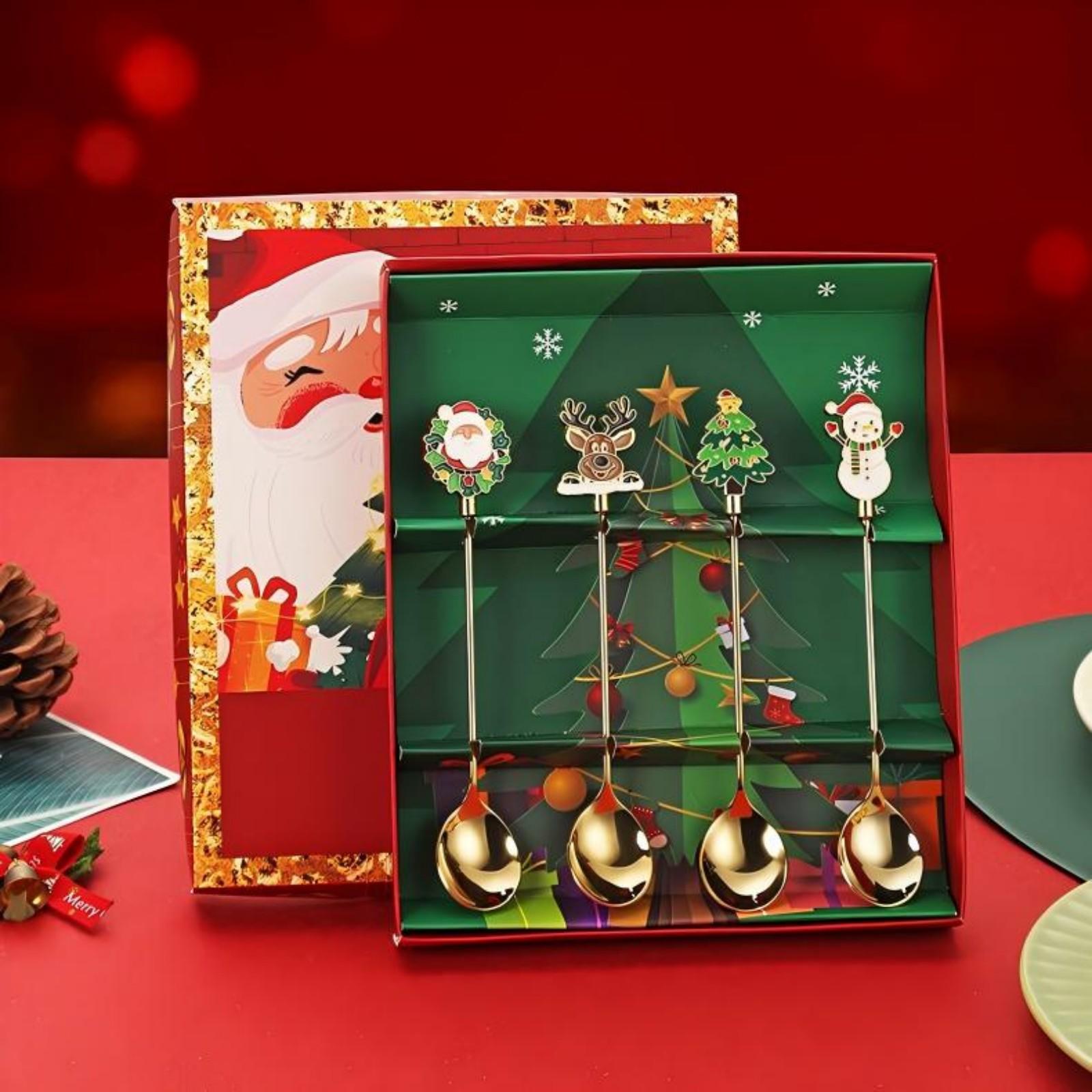 

Подарочная коробка для рождественских столовых приборов, набор ложек и вилок из нержавеющей стали 304, десертные ложки и вилки, рождественский подарок. One Size