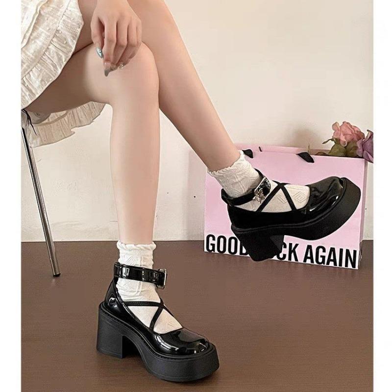 Coarse Heel Round Head Cross Strap Autumn New Buckle Small Leather Shoes Student Black Single Shoes
