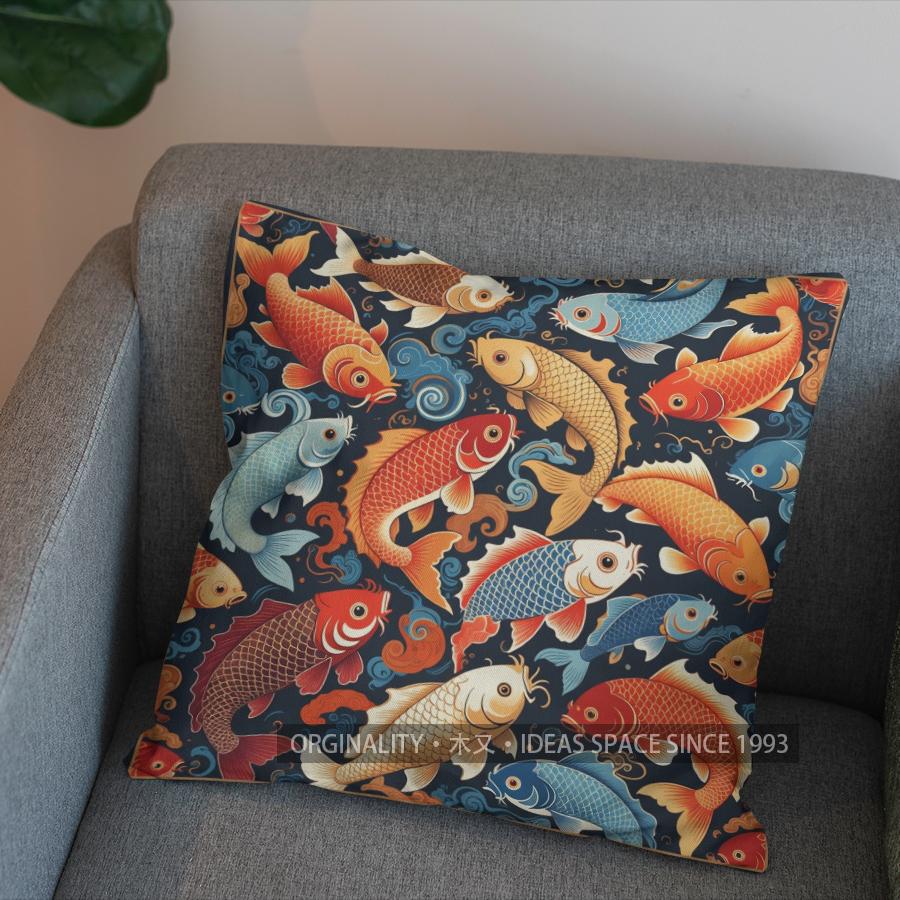 2D Koi Fish Pattern Decorative Throw Pillow Cover Pattern Cushion Cover Suitable For Sofa Bedroom Car Pillow Cover