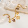 18K Gold Plated Multi-Pendant Bracelet with Sun, Star, Flower, Gravel, and Leaf Charms - Fashionable Stainless Steel Jewelry.