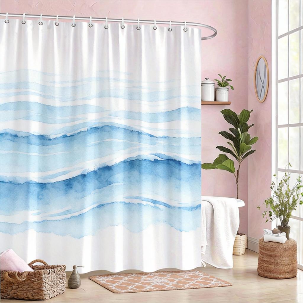 Minimalist Bubble Shower Curtain 180x180cm – Blue Translucent Spheres on White, Fresh Clean Bathroom Decor, 12 Hooks