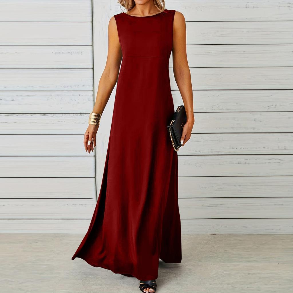 Ladies Fashion Solid Color Sleeveless Dress Long Dress