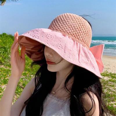 Sun Hat with Bow Design Foldable Breathable Hollow Woven Large Brim Jacquard Fabric UV Protection Face Slimming Summer Travel Hat