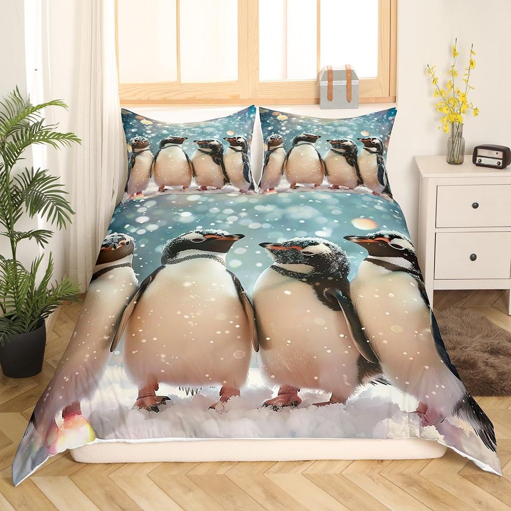 Cute Penguin Comforter Cover King Full Cartoon Animal Duvet Cover Watercolor Painting Bedding Set Antarctic Wildlife Quilt Cover