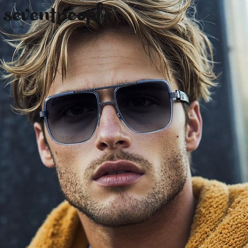 Steampunk Oversized Square Sunglasses Men Luxury Brand Vintage Metal Double Beam Punk Sun Glasses For Male Classic Shades