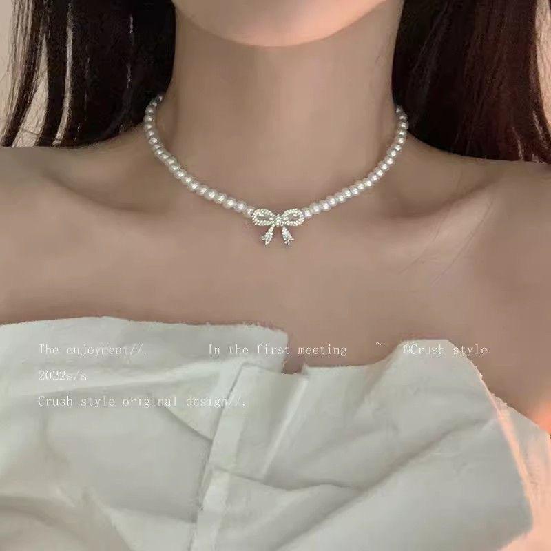 Super glitter zircon bow pearl necklace women s new explosive summer collarbone chain fashionable and versatile necklace